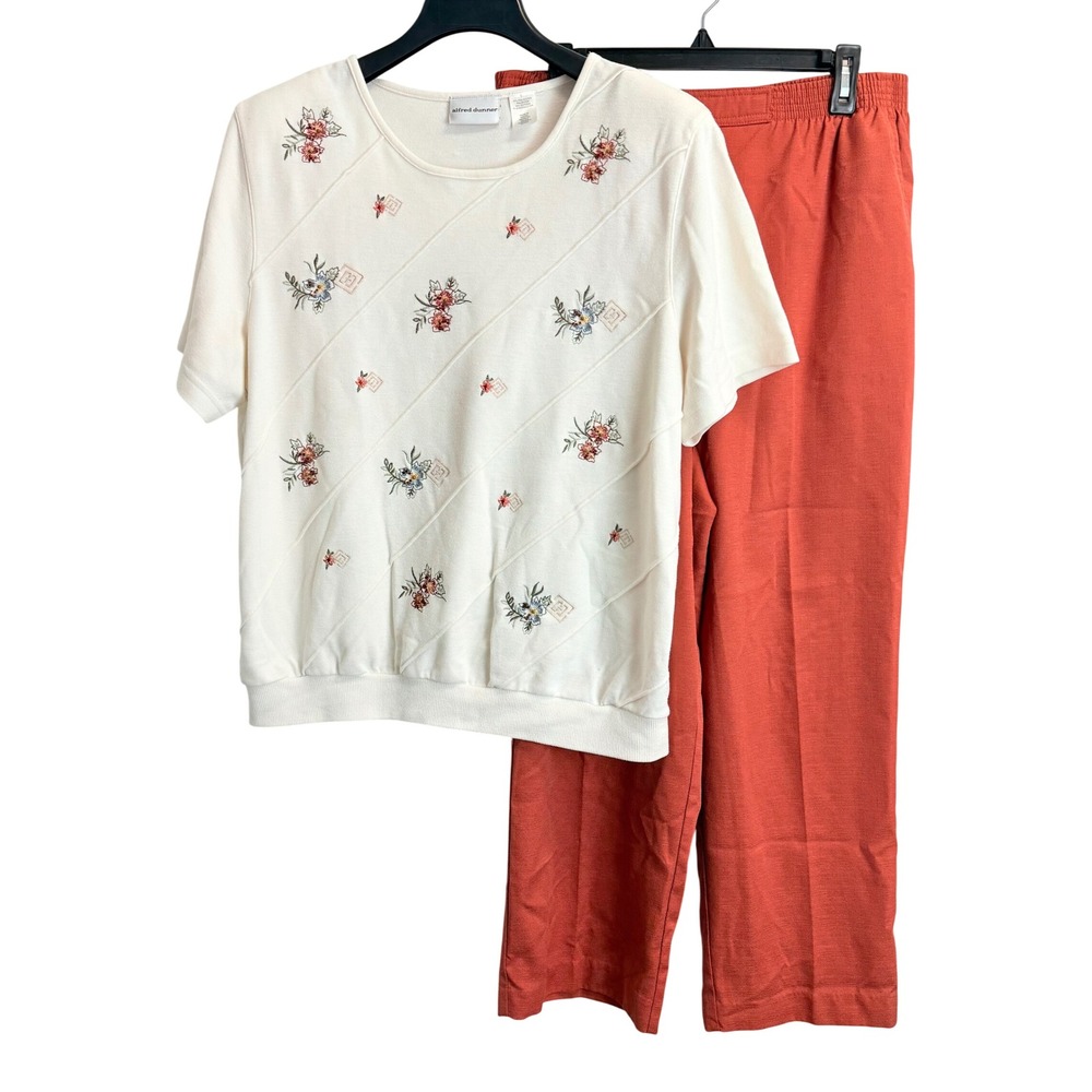 Alfred Dunner Womens L/12 2 Piece Set Floral Embroidered Top Elastic Waist Pants